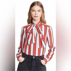 Alice + Olivia Coral and Light Blue Vertical-Stripe Tie-Neck Blouse